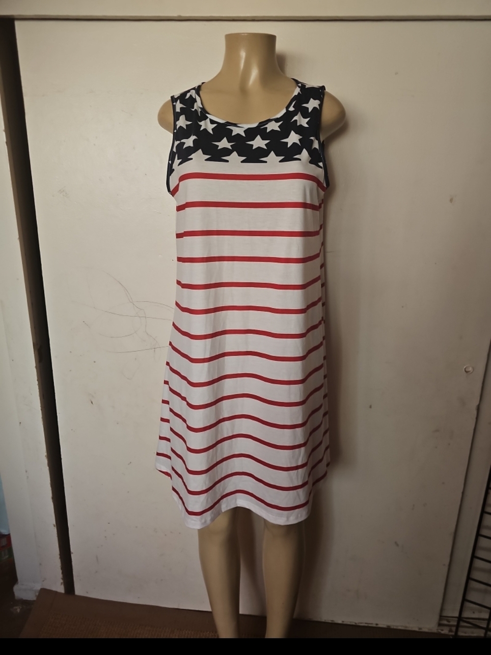 SHEIN Red, White & Blue Sleeveless Star-Stripe Mini Dress